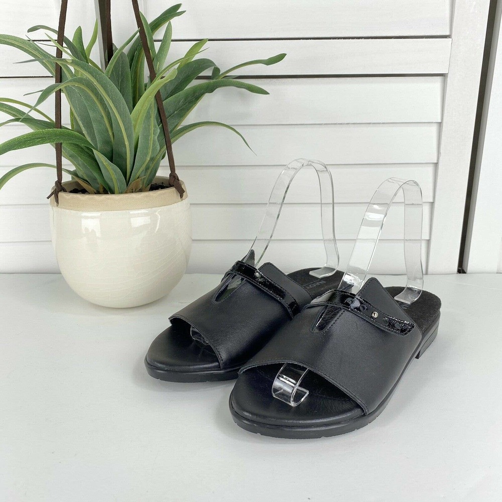Naot Black‎ Leather Split Vamp Slides Sandals Peg Strap Comfort Shoes Size US 6